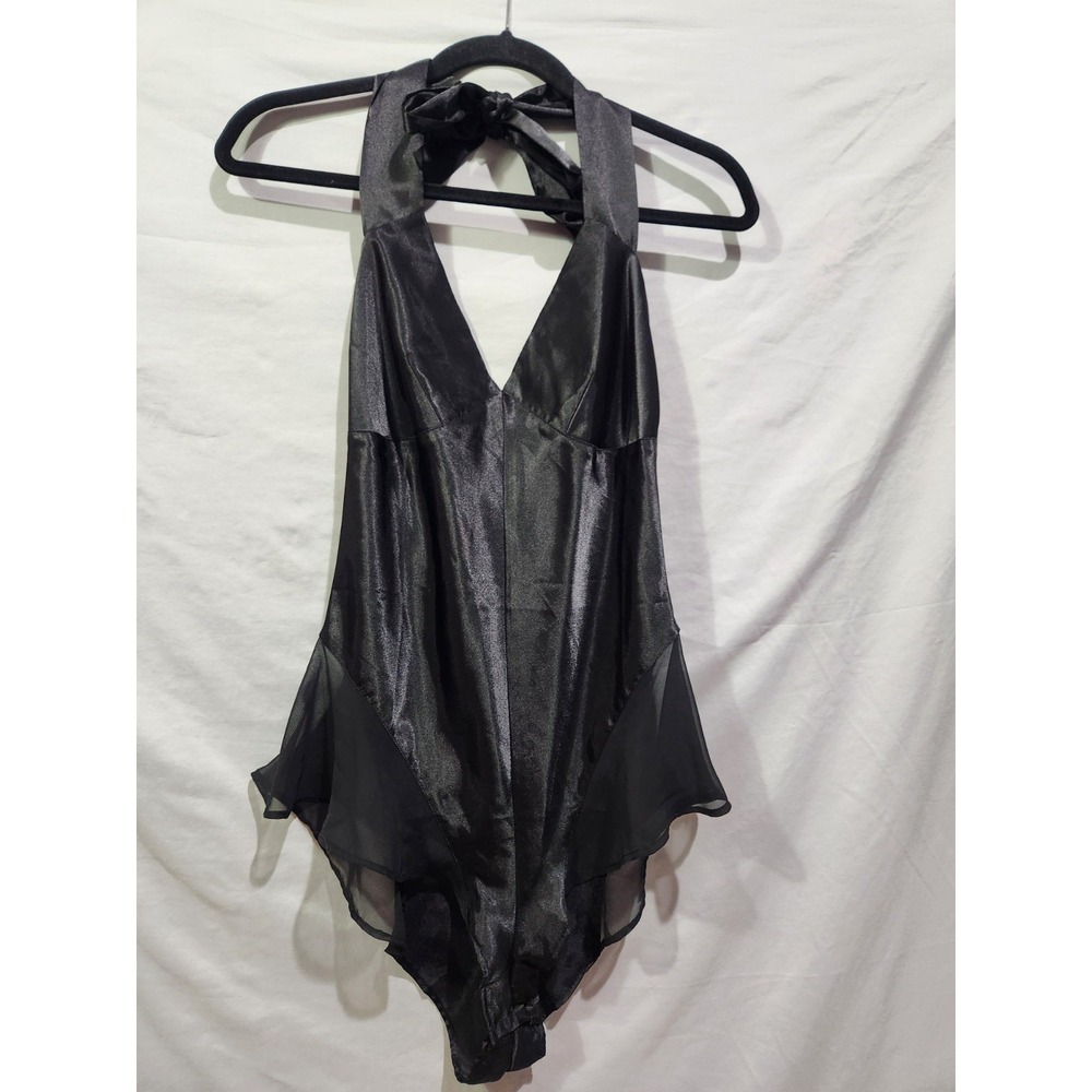 Vintage 1990s Black Halter Teddy Lingerie‎ Highcut W Lace And Tieback